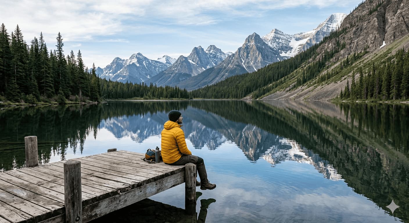 Personne en veste jaune assise sur un ponton en bois au bord d'un lac de montagne calme.