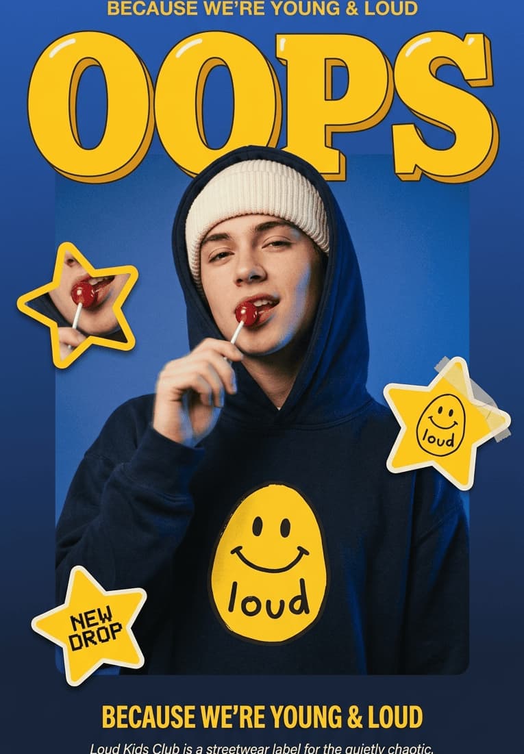 Loud Kids Club street style poster: model in blue smiley hoodie, holding a lollipop, with OOPS title and stars.